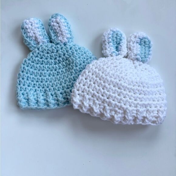 Bunny Crochet Baby Hat Set of 2 Blue 0-3 Mon - Picture 6 of 6